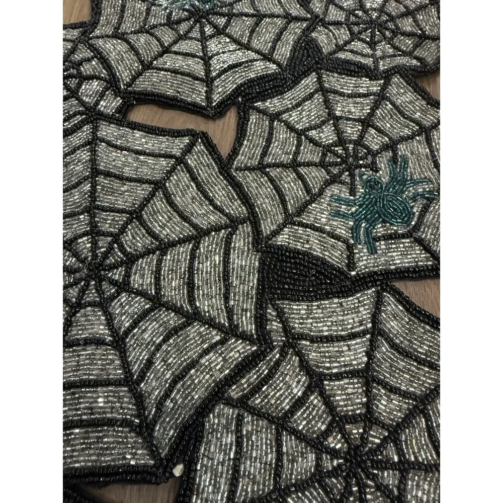 Beaded Black Silver Spiderweb Spider Table Runner / Centerpiece Halloween 36